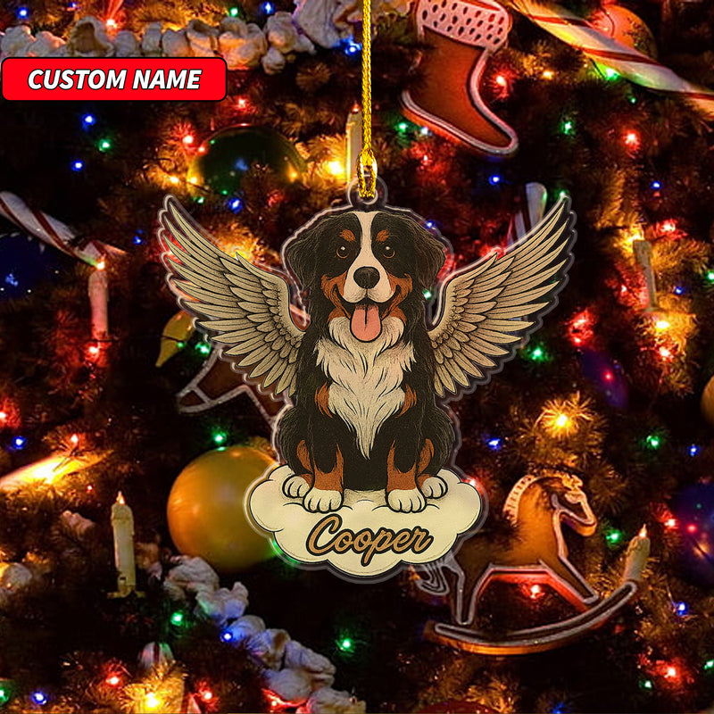 Personalized Bernese Mountain Dog Ornament, Custom Shaped Dog With Angel Wings Ornament, Dog Memorial Ornament, Custom Dog Name Ornament