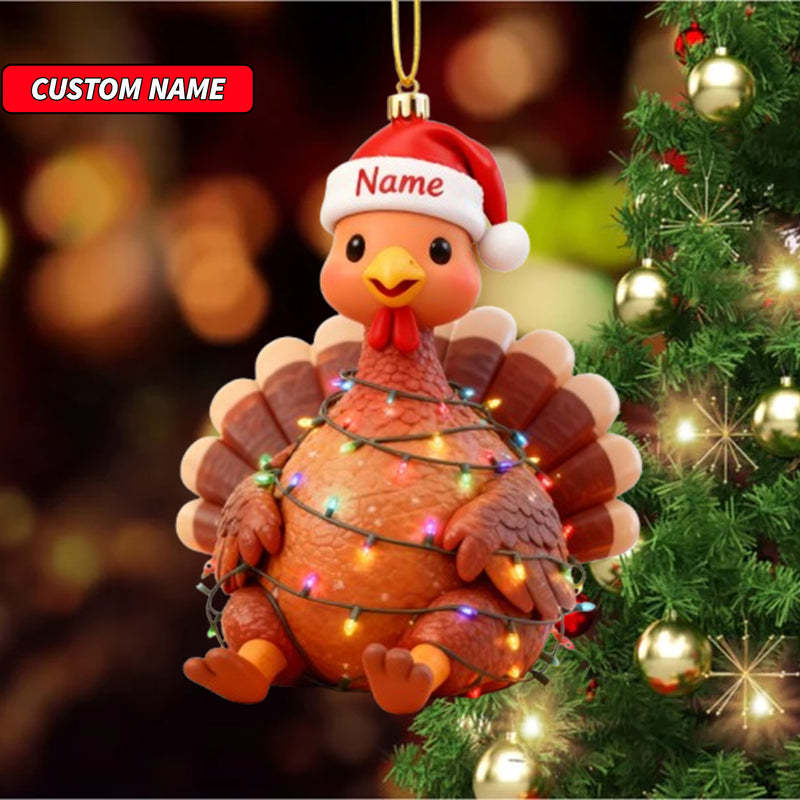 Custom Name Cute Turkey with Santa Hat Ornament, Personalized Cute Bunny Ornament, Christmas Tree Hanging Decor, Christmas Ornament, 2D Flat