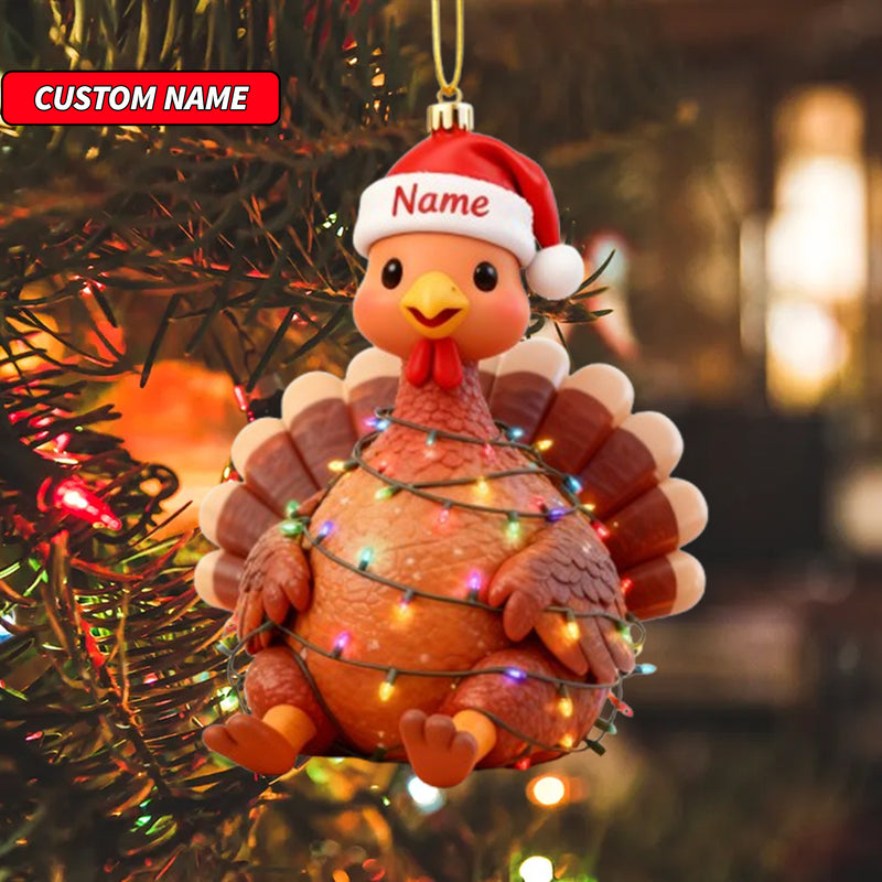 Custom Name Cute Turkey with Santa Hat Ornament, Personalized Cute Bunny Ornament, Christmas Tree Hanging Decor, Christmas Ornament, 2D Flat