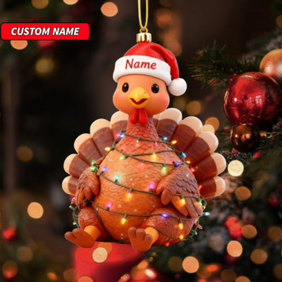 Custom Name Cute Turkey with Santa Hat Ornament, Personalized Cute Bunny Ornament, Christmas Tree Hanging Decor, Christmas Ornament, 2D Flat