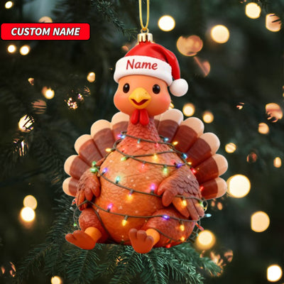 Custom Name Cute Turkey with Santa Hat Ornament, Personalized Cute Bunny Ornament, Christmas Tree Hanging Decor, Christmas Ornament, 2D Flat