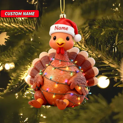 Custom Name Cute Turkey with Santa Hat Ornament, Personalized Cute Bunny Ornament, Christmas Tree Hanging Decor, Christmas Ornament, 2D Flat