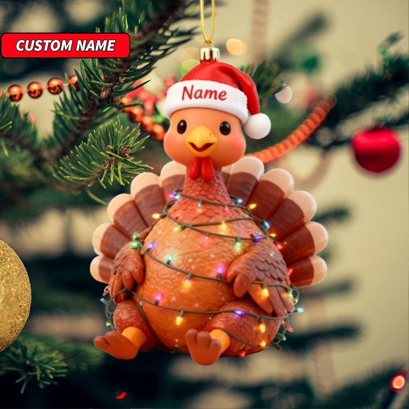 Custom Name Cute Turkey with Santa Hat Ornament, Personalized Cute Bunny Ornament, Christmas Tree Hanging Decor, Christmas Ornament, 2D Flat