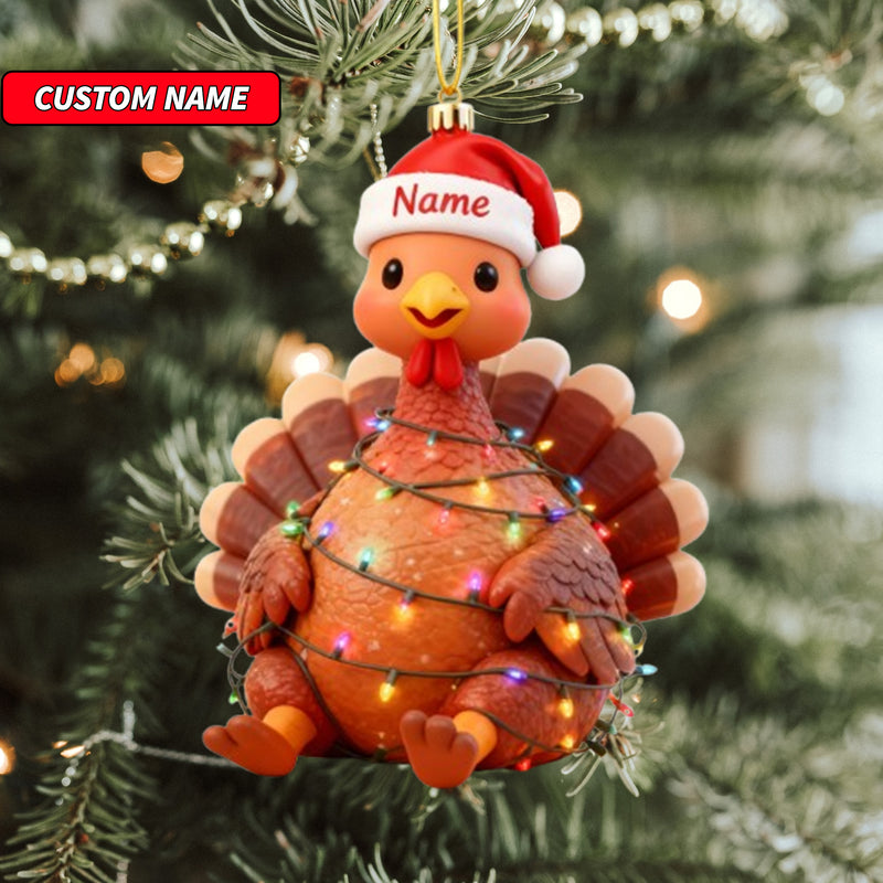 Custom Name Cute Turkey with Santa Hat Ornament, Personalized Cute Bunny Ornament, Christmas Tree Hanging Decor, Christmas Ornament, 2D Flat