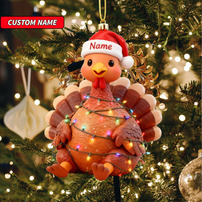 Custom Name Cute Turkey with Santa Hat Ornament, Personalized Cute Bunny Ornament, Christmas Tree Hanging Decor, Christmas Ornament, 2D Flat