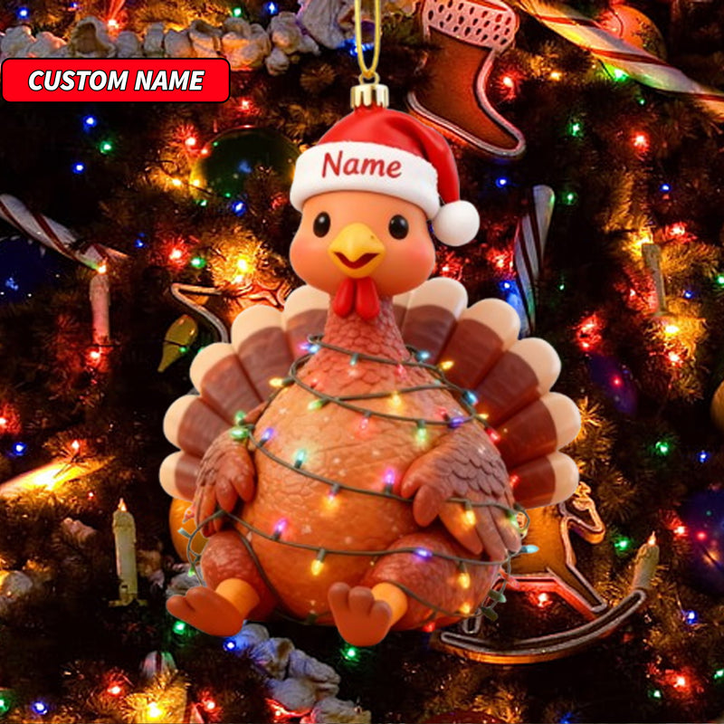 Custom Name Cute Turkey with Santa Hat Ornament, Personalized Cute Bunny Ornament, Christmas Tree Hanging Decor, Christmas Ornament, 2D Flat