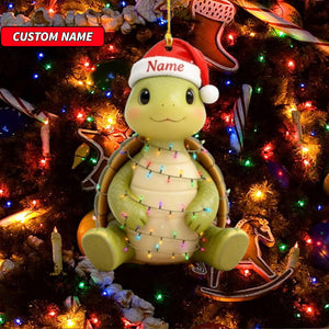 Custom Name Cute Turtle with Santa Hat Ornament, Personalized Cute Bunny Ornament, Christmas Tree Hanging Decor, Christmas Ornament, 2D Flat