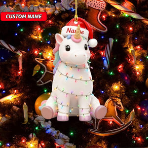 Custom Name Cute Unicorn with Santa Hat Ornament, Personalized Cute Bunny Ornament, Christmas Tree Hanging Decor, Christmas Ornament, 2D Flat